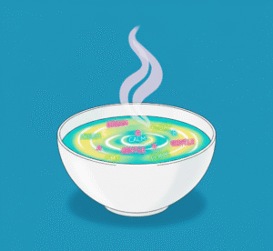 White bowl of soup on plain background. Pale blue and yellow liquid with glowing pastel words like "CALM," "DREAM," and "PEACE" gently floating and sinking.