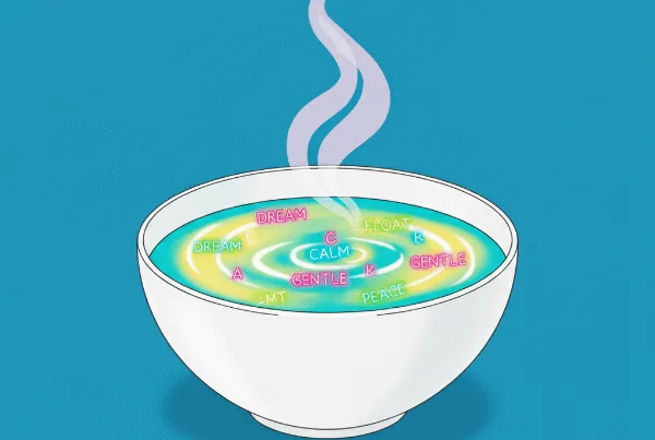 White bowl of soup on plain background. Pale blue and yellow liquid with glowing pastel words like "CALM," "DREAM," and "PEACE" gently floating and sinking.