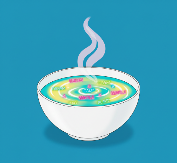 White bowl of soup on plain background. Pale blue and yellow liquid with glowing pastel words like "CALM," "DREAM," and "PEACE" gently floating and sinking.