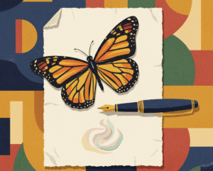 A butterfly resting on a piece of paper with a pen beside it, symbolizing transformation and the soul.