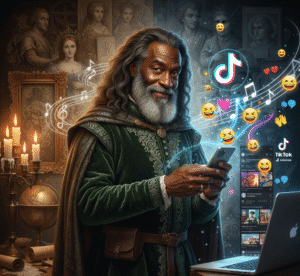 A medieval-style bard, an older Black man with grey hair, holds a smartphone, his face split between warm candlelight and cool laptop glow, surrounded by a whimsical blend of classical portraits, emojis, and TikTok logos