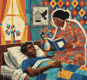 A Black man sleeping in bed while an elderly Black woman sits beside him, reading a book. The background features colorful, abstract patterns.
