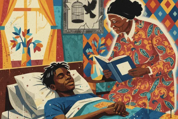 A Black man sleeping in bed while an elderly Black woman sits beside him, reading a book. The background features colorful, abstract patterns.