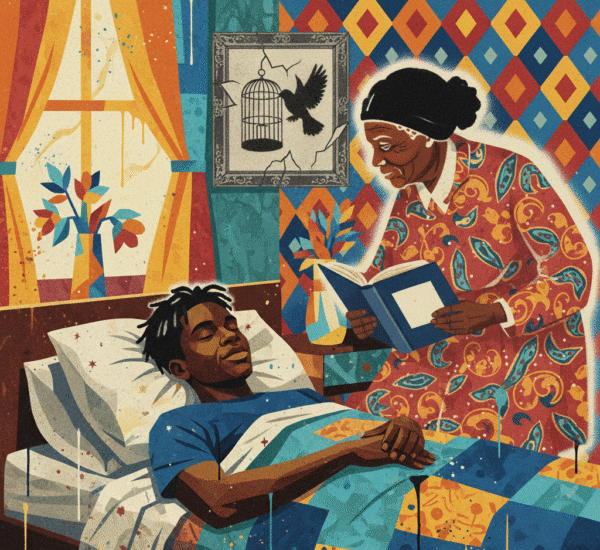 A Black man sleeping in bed while an elderly Black woman sits beside him, reading a book. The background features colorful, abstract patterns.