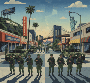 soldiers patrolling empty, shadowed New York City streets with military vehicles, conveying paranoia
