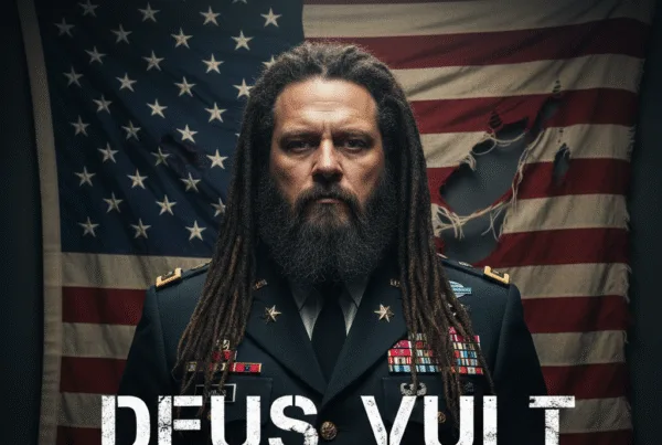 A fat U.S. General with dreadlocks and a beard stands before a tattered American flag. The phrase "DEUS VULT" printed on the foreground of image.