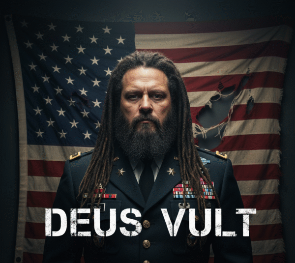 A fat U.S. General with dreadlocks and a beard stands before a tattered American flag. The phrase "DEUS VULT" printed on the foreground of image.