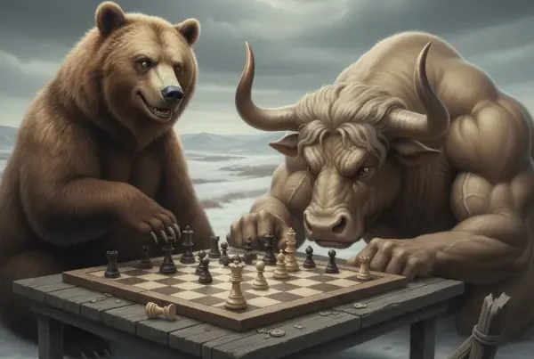 A triumphant bear plays chess against a frustrated blonde bull on a table in a snowy steppe landscape under a cloudy sky.