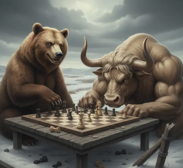 A triumphant bear plays chess against a frustrated blonde bull on a table in a snowy steppe landscape under a cloudy sky.