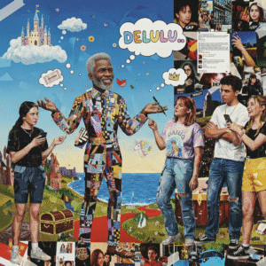A mature Black man with a grey beard and pen, embodying ‘Delulu,’ in a bold patterned suit, speaking to four Gen Z youth against a vibrant dreamscape with a castle and pop culture icons