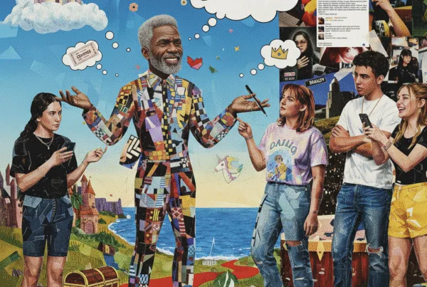 A mature Black man with a grey beard and pen, embodying ‘Delulu,’ in a bold patterned suit, speaking to four Gen Z youth against a vibrant dreamscape with a castle and pop culture icons