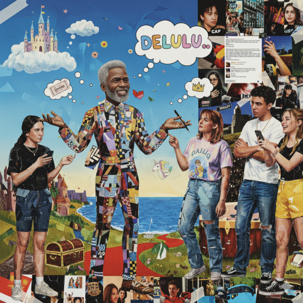 A mature Black man with a grey beard and pen, embodying ‘Delulu,’ in a bold patterned suit, speaking to four Gen Z youth against a vibrant dreamscape with a castle and pop culture icons