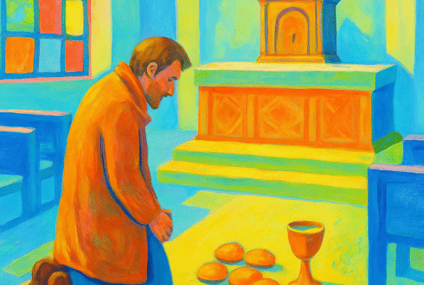A homeless man in an orange coat kneels in a brightly colored church before an altar, with five pieces of bread and a golden chalice placed on the floor, painted in a vibrant colours. Skendong Poetry.
