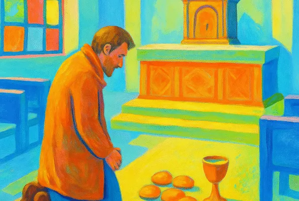 A homeless man in an orange coat kneels in a brightly colored church before an altar, with five pieces of bread and a golden chalice placed on the floor, painted in a vibrant colours. Skendong Poetry.