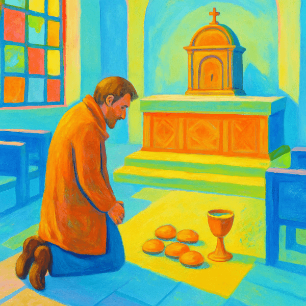 A homeless man in an orange coat kneels in a brightly colored church before an altar, with five pieces of bread and a golden chalice placed on the floor, painted in a vibrant colours. Skendong Poetry.