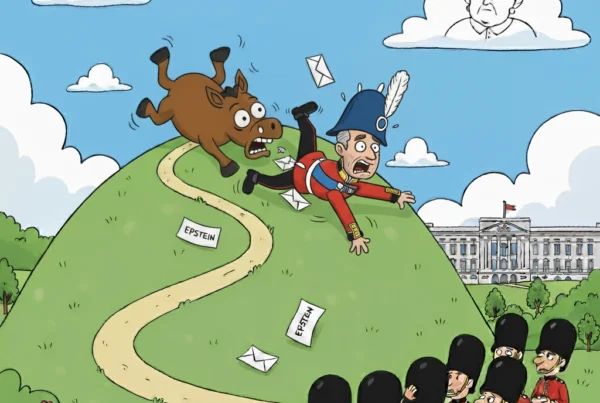 A Duke and horse tumbling, “Epstein” emails drifting, guards with popcorn, a frown in the Queen-cloud, a Palace in the backdground.