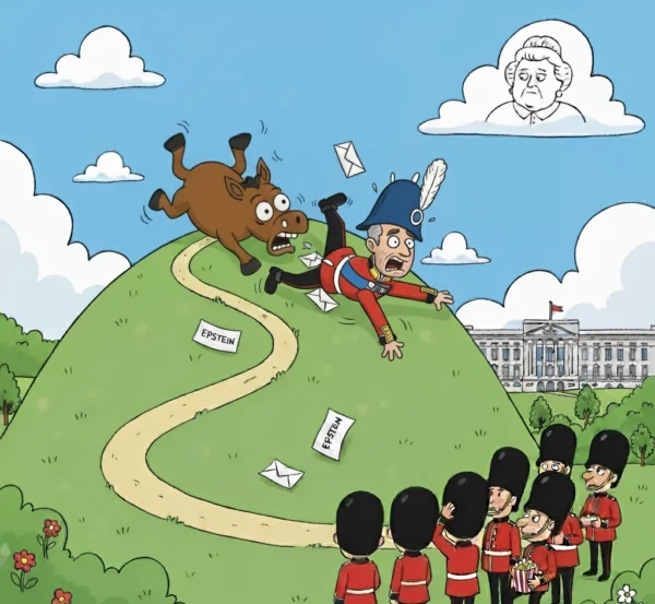 A Duke and horse tumbling, “Epstein” emails drifting, guards with popcorn, a frown in the Queen-cloud, a Palace in the backdground.