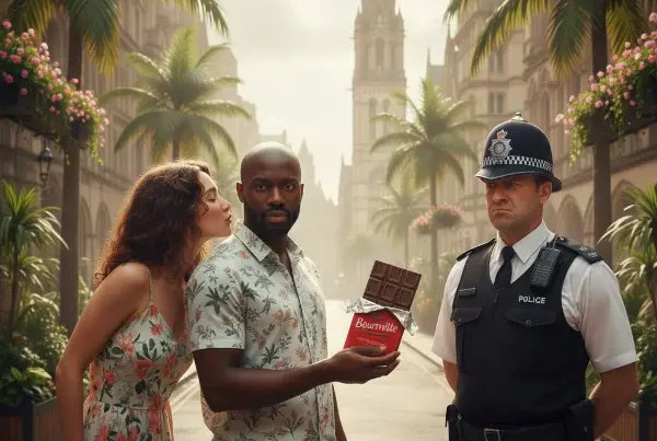Never IC3. Tropical Manchester scene: A shaven-headed man offers a red-wrapped chocolate bar to a stern policeman, as a woman leans in to kiss his cheek.