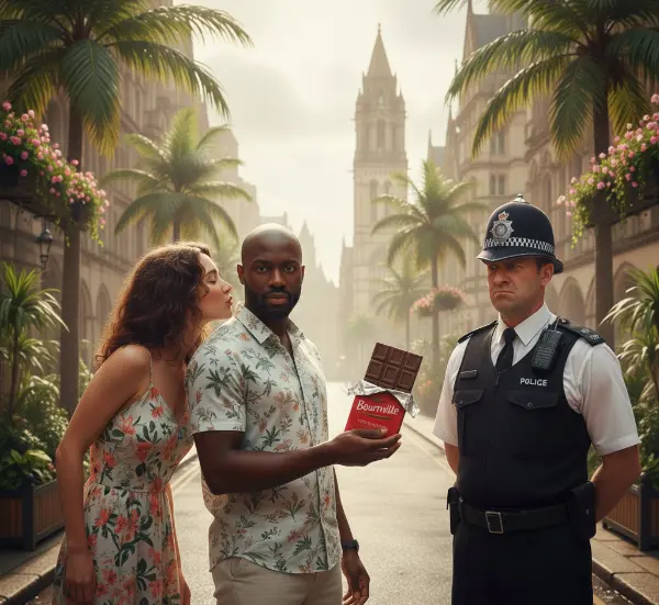 Never IC3. Tropical Manchester scene: A shaven-headed man offers a red-wrapped chocolate bar to a stern policeman, as a woman leans in to kiss his cheek.