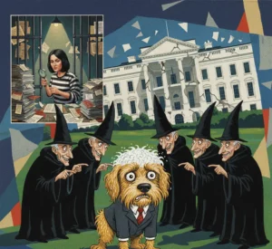 The Dog That Hasn’t Barked. A surreal cartoon image of a worried dog on a grassy lawn, surrounded by five shadowy, robed figures. A smaller inset panel shows a woman reviewing documents inside a prison cell.