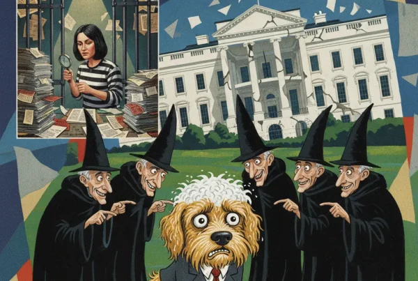 The Dog That Hasn’t Barked. A surreal cartoon image of a worried dog on a grassy lawn, surrounded by five shadowy, robed figures. A smaller inset panel shows a woman reviewing documents inside a prison cell.