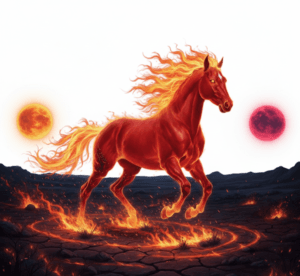 A red horse with fiery mane and tail galloping into the Lunar New Year 2026.