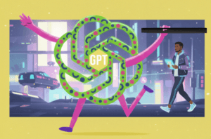 An abstract GPT figure runs with a glowing em-dash, while a relaxed Black man casually walks in the background holding a tablet.