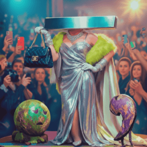 Starlet Em-Dash in silver and lime, adored by a crowd while a dejected Period and Comma look on.