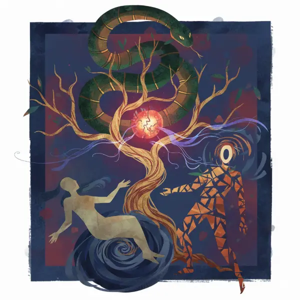 Abstract image of Adam, Eve land the serpent in the Garden of Eden.