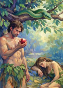 Illustration of Adam holding a green apple, Eve leaning nearby, serpent watching from a branch.