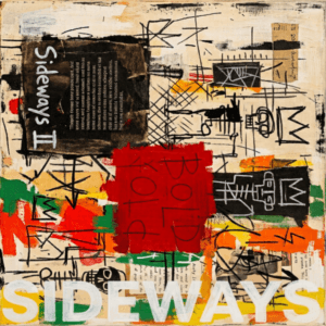 Raw neo-expressionist street-art collage: vertical “SIDEWAYS,” vivid paint splashes, graffiti symbols, drips, layered textures. Generated for Skendong Poetry.