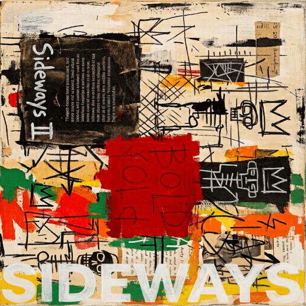Raw neo-expressionist street-art collage: vertical “SIDEWAYS,” vivid paint splashes, graffiti symbols, drips, layered textures. Generated for Skendong Poetry.