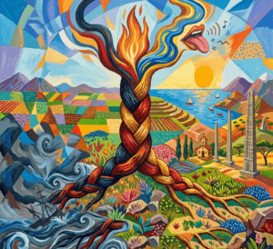 A triple-braided root splitting toward a stormy slave ship and sunny Ethiopian obelisks, topped by a flaming river.