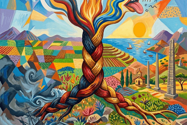 A triple-braided root splitting toward a stormy slave ship and sunny Ethiopian obelisks, topped by a flaming river.