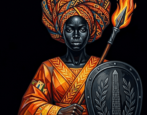 Illustration of an African Athena in vibrant orange robes, holding a flaming spear and a shield with an obelisk, set against a pure black background