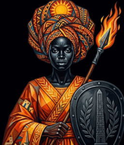 Illustration of an African Athena in vibrant orange robes, holding a flaming spear and a shield with an obelisk, set against a pure black background