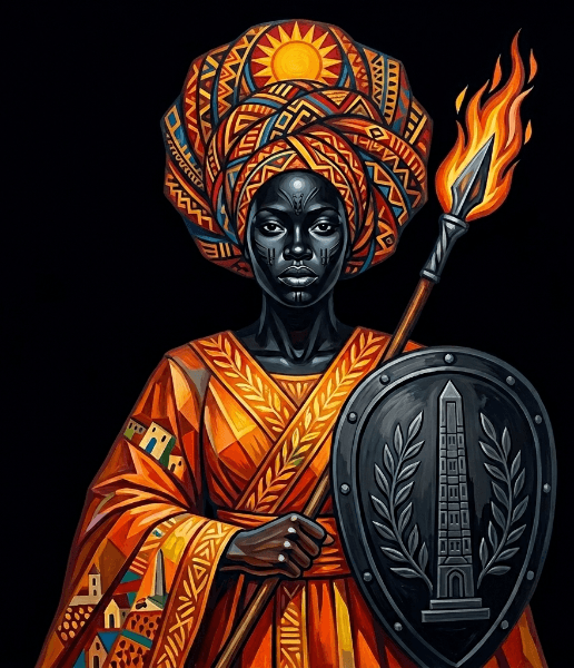 Illustration of an African Athena in vibrant orange robes, holding a flaming spear and a shield with an obelisk, set against a pure black background