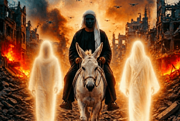A masked man rides a white donkey through war-torn ruins, flanked by glowing apparitions. Drones fly above a devastated landscape of fires and smoke.