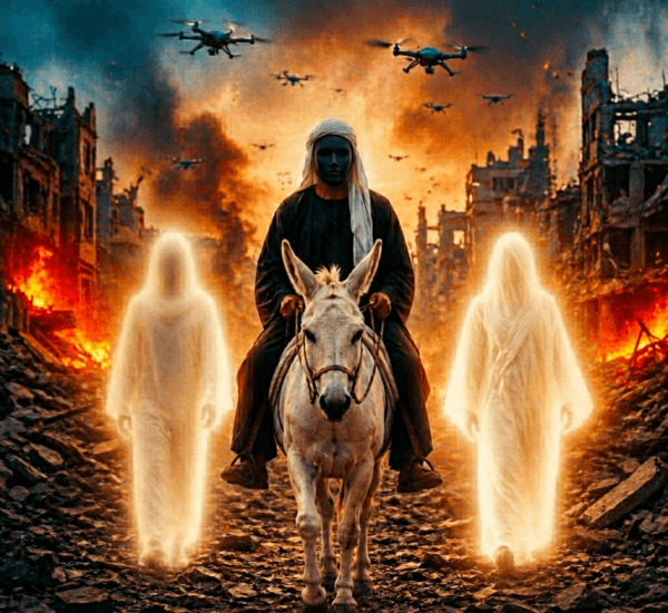 A masked man rides a white donkey through war-torn ruins, flanked by glowing apparitions. Drones fly above a devastated landscape of fires and smoke.