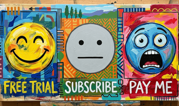 Painting of three faces with text: a happy yellow face (FREE TRIAL), an expressionless grey face (SUBSCRIBE), and a shocked blue face (PAY ME) on a vibrant, patterned background.