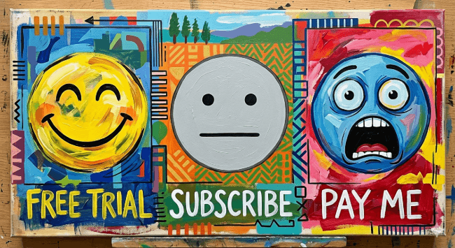 Painting of three faces with text: a happy yellow face (FREE TRIAL), an expressionless grey face (SUBSCRIBE), and a shocked blue face (PAY ME) on a vibrant, patterned background.
