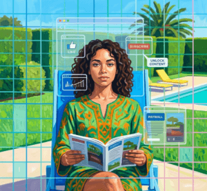 Painting of a woman reading poolside, enveloped by a subtle digital grid and UI overlays.
