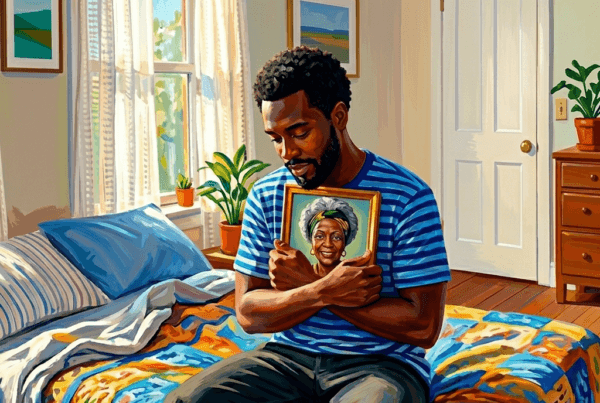 Painting of a Black man sitting on a bed holding a portrait of an elderly Jamaican woman.