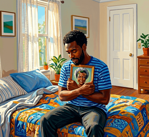 Painting of a Black man sitting on a bed holding a portrait of an elderly Jamaican woman.
