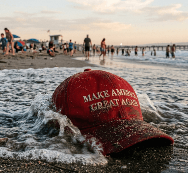 Wet "MAGA" cap washed ashore on a busy beach.