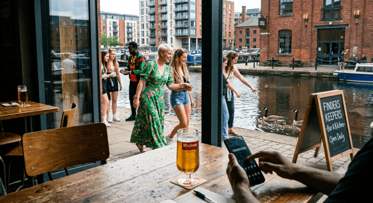 New Islington Marina, Manchester, viewed from inside Finders Keepers bar. A Black man's hands type on a phone beside a pint of beer, while outside, diverse passersby and a family of Canada geese gather along the canal.