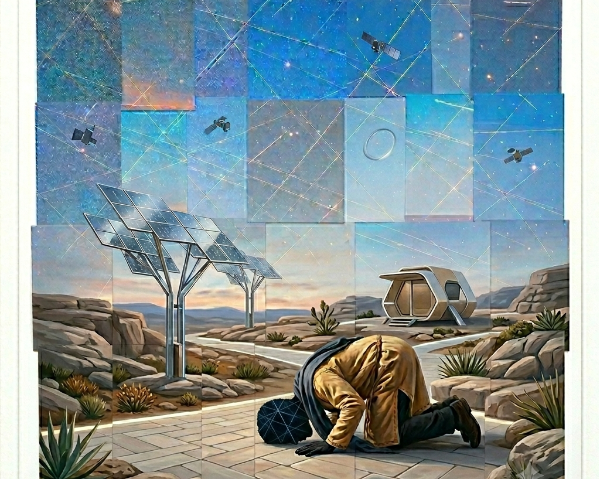 A lone figure in a tan tunic prostrate in prayer, face obscured in a modern desert landscape.