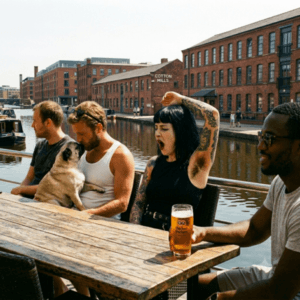Three friends with man kissing pug at Cask. Woman with tattoos and a black male on his own drinking beer. Factory background.
