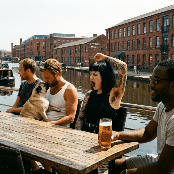 Three friends with man kissing pug at Cask. Woman with tattoos and a black male on his own drinking beer. Factory background.