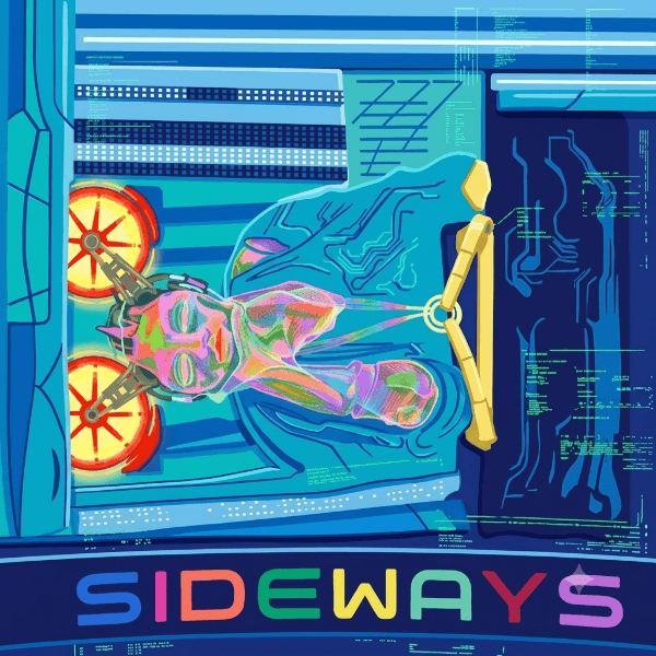 A futuristic rendering of the "Sideways" artwork featuring sleek textures and neon digital elements.